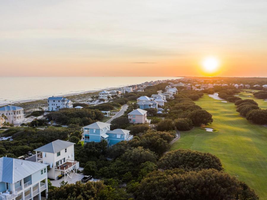aerial view of Kiva Dunes Golf Resort in Fort Morgan during sunset